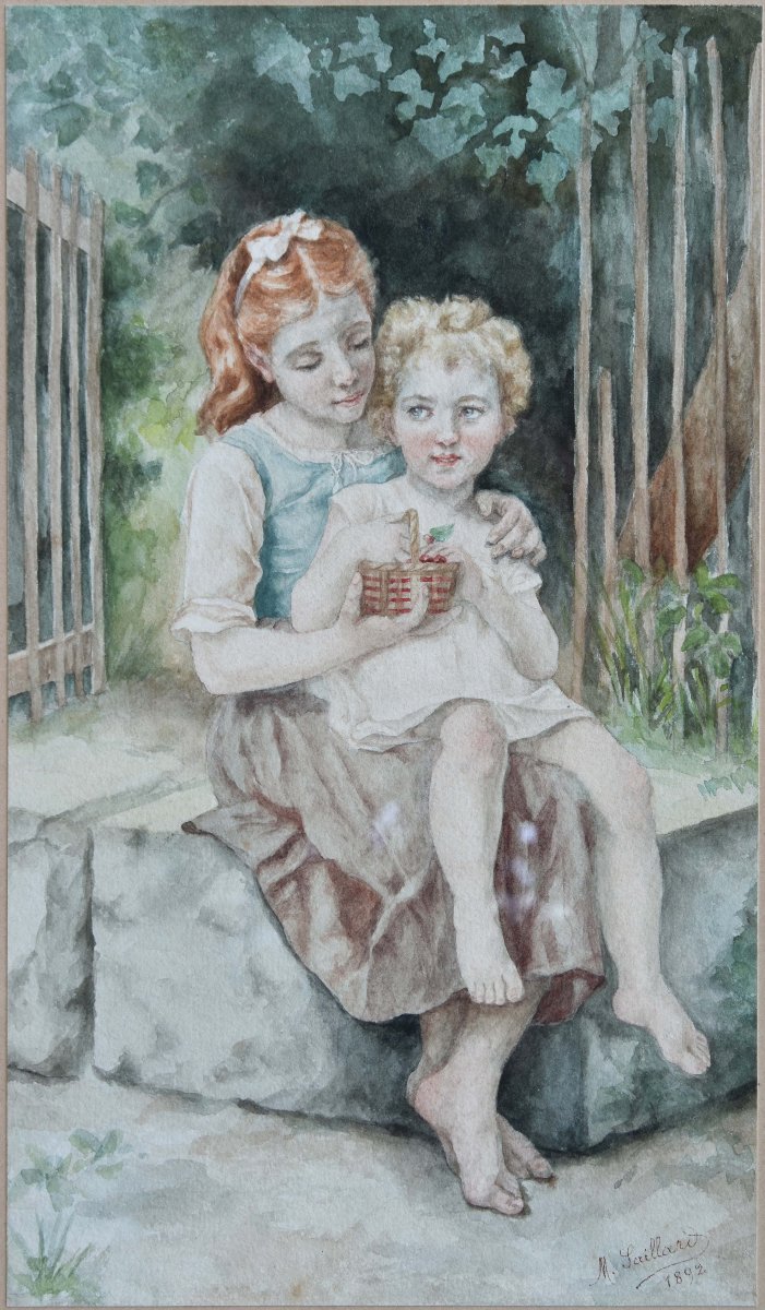 M. SAILLARD  "Le panier de cerises" 1892 aquarelle 29x17,5-photo-2